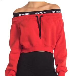 Ivy Park Women's Off the Shoulder Drawstring Cropped Sweatshirt Red Size Small